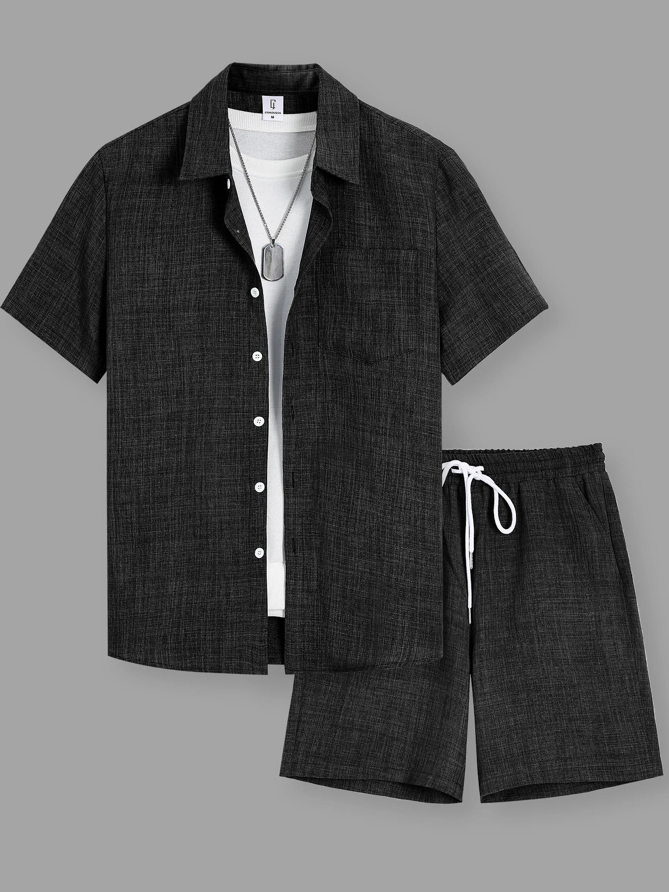 Summer Men's Cotton Linen Texture Lapel Short Sleeve Shirt & Shorts Set, Loose Comfortable Breathable Daily Casual Two-Piece Outfit