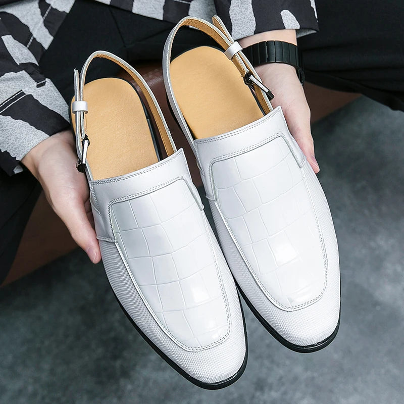Leather Men's Sandals Checker Textured Hollow Formal Shoes Casual Style Metal Button Sandals Office Men's Shoes Leather Shoes