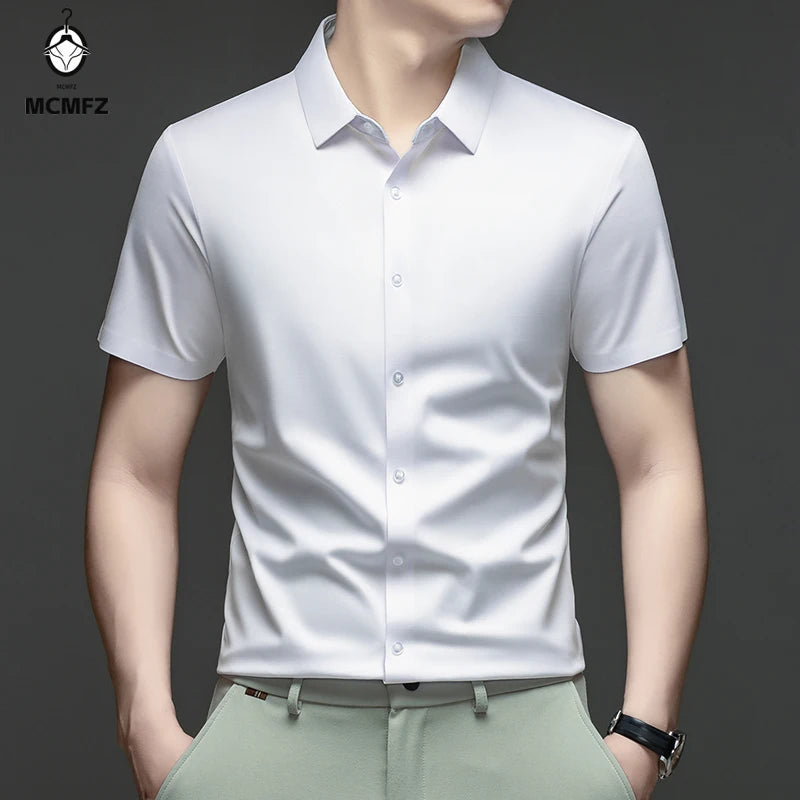 Casual Mens Short Sleeve Button Down Shirt Ice Silk Fabric Breathable Wrinkle Resistant Summer Formal Top
