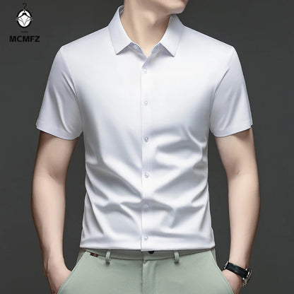 Casual Mens Short Sleeve Button Down Shirt Ice Silk Fabric Breathable Wrinkle Resistant Summer Formal Top