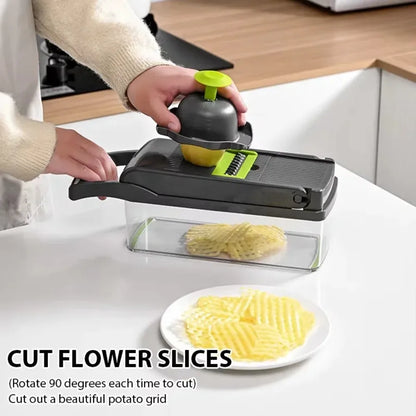 16 in 1 Handheld Slicers Dicers Graters, Multifunctional Vegetable Chopper Kitchen Food Tool with Container & Safety Guard