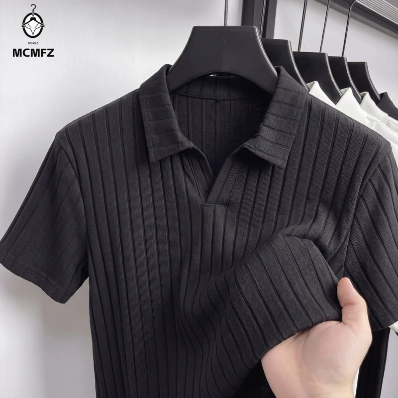 Men Ribbed Knit V Neck Polo Shirt Short Sleeve Casual T Shirt Elastic Comfortable Tops For Spring Summer Streetwear