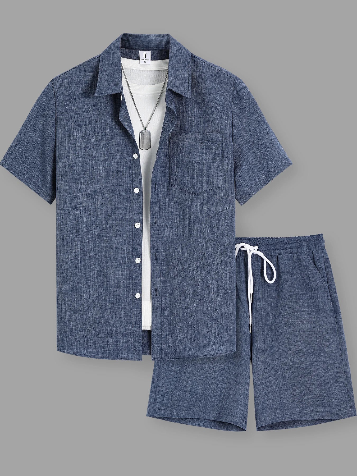 Summer Men's Cotton Linen Texture Lapel Short Sleeve Shirt & Shorts Set, Loose Comfortable Breathable Daily Casual Two-Piece Outfit