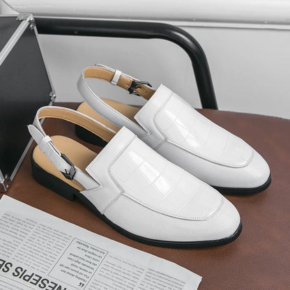 Leather Men's Sandals Checker Textured Hollow Formal Shoes Casual Style Metal Button Sandals Office Men's Shoes Leather  Shoes