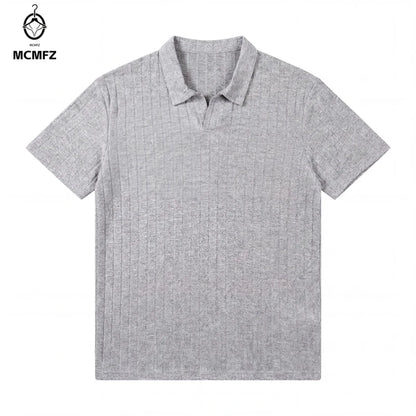Men Ribbed Knit V Neck Polo Shirt Short Sleeve Casual T Shirt Elastic Comfortable Tops For Spring Summer Streetwear