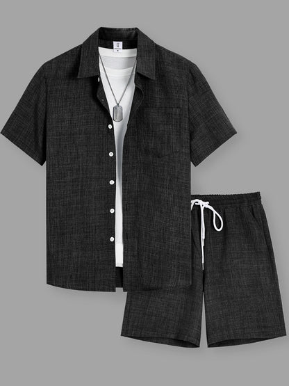Summer Men's Cotton Linen Texture Lapel Short Sleeve Shirt & Shorts Set, Loose Comfortable Breathable Daily Casual Two-Piece Outfit
