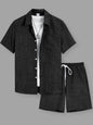 Summer Men's Cotton Linen Texture Lapel Short Sleeve Shirt & Shorts Set, Loose Comfortable Breathable Daily Casual Two-Piece Outfit