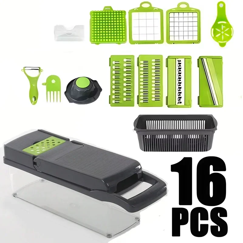 16 in 1 Handheld Slicers Dicers Graters, Multifunctional Vegetable Chopper Kitchen Food Tool with Container & Safety Guard
