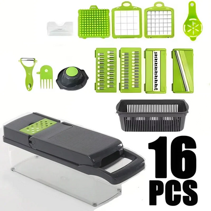 16 in 1 Handheld Slicers Dicers Graters, Multifunctional Vegetable Chopper Kitchen Food Tool with Container & Safety Guard