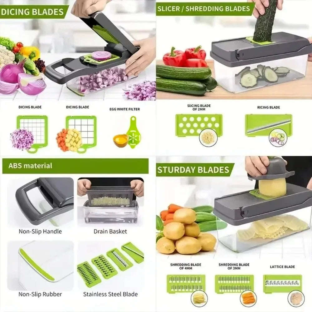 16 in 1 Handheld Slicers Dicers Graters, Multifunctional Vegetable Chopper Kitchen Food Tool with Container & Safety Guard