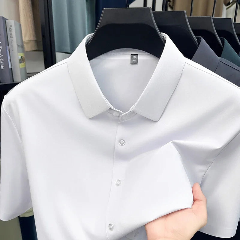Casual Mens Short Sleeve Button Down Shirt Ice Silk Fabric Breathable Wrinkle Resistant Summer Formal Top