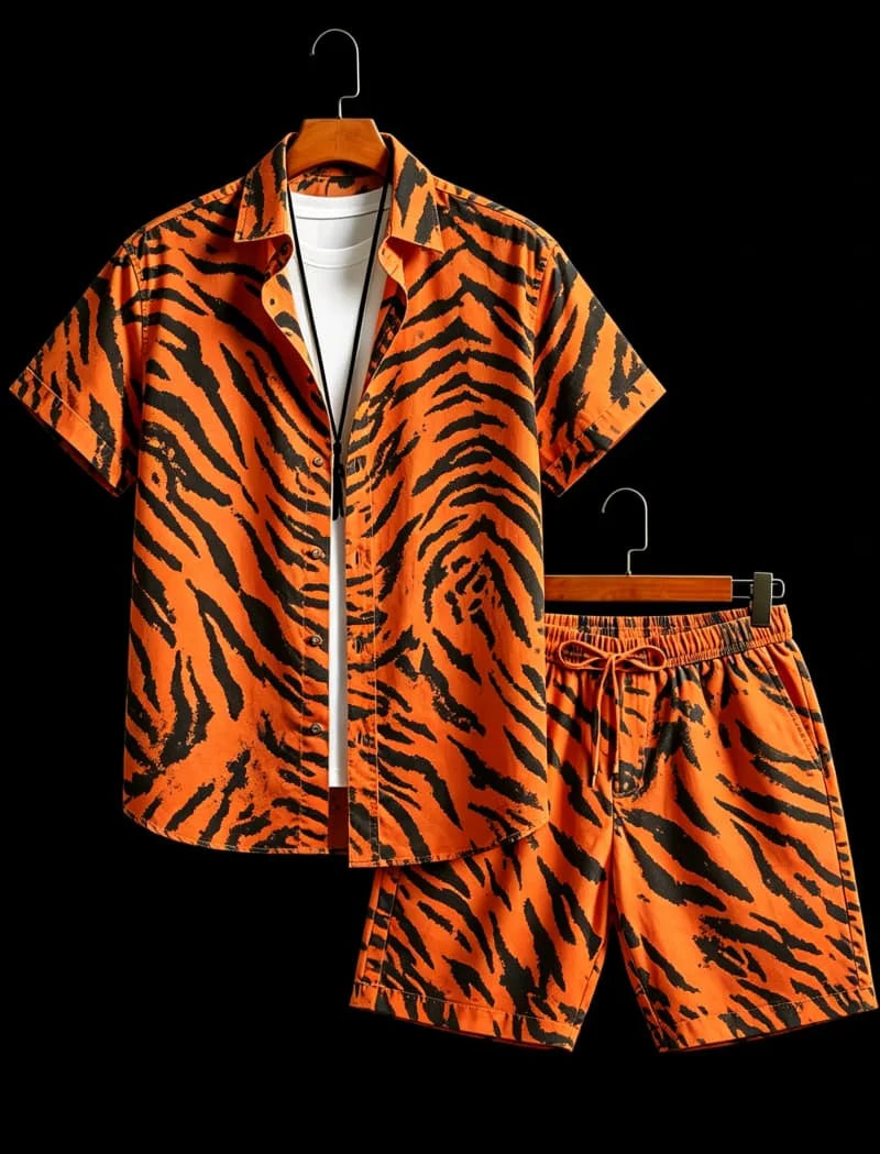 Men's animal print two-piece set, short sleeved shirt and shorts, suitable for tropical travel and unique exotic style