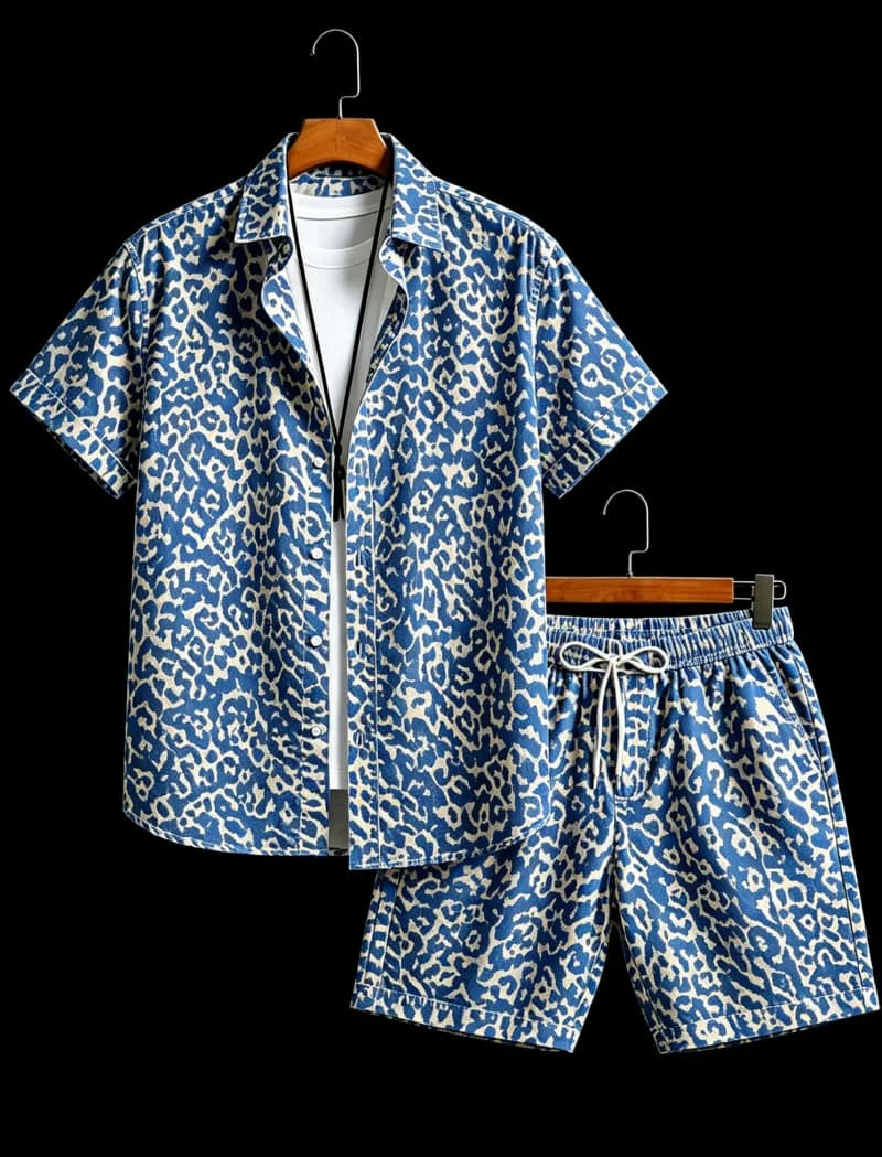 Men's animal print two-piece set, short sleeved shirt and shorts, suitable for tropical travel and unique exotic style