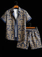 Men's luxury architectural style printed two-piece set, short sleeved shirt and shorts, for daily wear and exotic luxury style