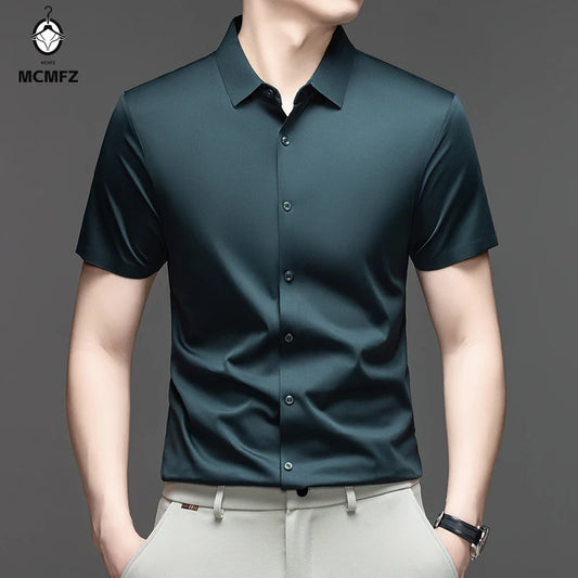 Casual Mens Short Sleeve Button Down Shirt Ice Silk Fabric Breathable Wrinkle Resistant Summer Formal Top
