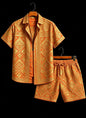 Men's luxury architectural style printed two-piece set, short sleeved shirt and shorts, for daily wear and exotic luxury style