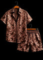 Men's luxury architectural style printed two-piece set, short sleeved shirt and shorts, for daily wear and exotic luxury style