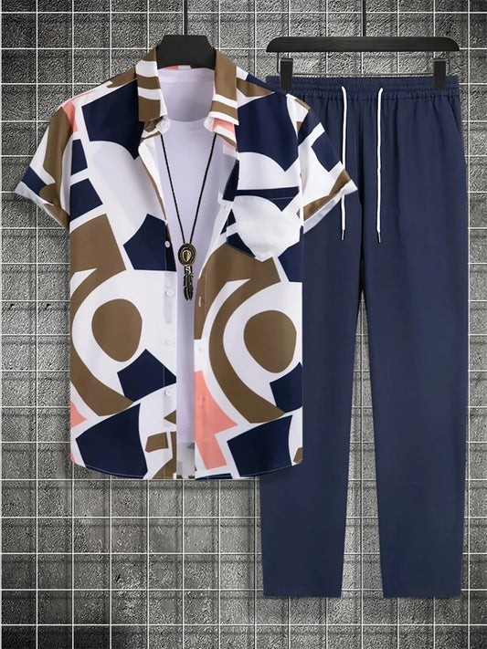 2025 Autumn Simple Striped 3D Printed Men's Casual Shirt 2pcs Set, Urban Street Fashion Loose Men's Top And Trousers S-2XL