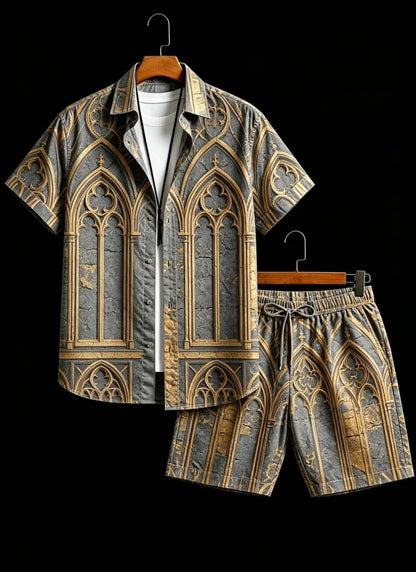 Men's luxury architectural style printed two-piece set, short sleeved shirt and shorts, for daily wear and exotic luxury style