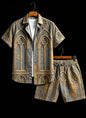 Men's luxury architectural style printed two-piece set, short sleeved shirt and shorts, for daily wear and exotic luxury style