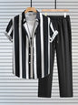 2025 Autumn Simple Striped 3D Printed Men's Casual Shirt 2pcs Set, Urban Street Fashion Loose Men's Top And Trousers S-2XL
