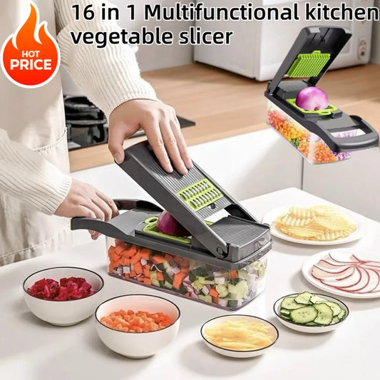 16 in 1 Handheld Slicers Dicers Graters, Multifunctional Vegetable Chopper Kitchen Food Tool with Container & Safety Guard