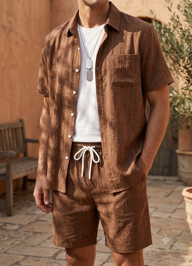 Summer Men's Cotton Linen Texture Lapel Short Sleeve Shirt & Shorts Set, Loose Comfortable Breathable Daily Casual Two-Piece Outfit