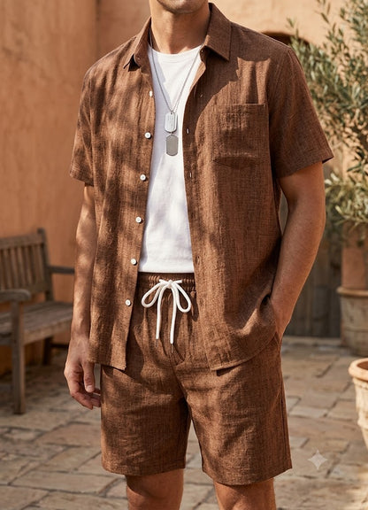 Summer Men's Cotton Linen Texture Lapel Short Sleeve Shirt & Shorts Set, Loose Comfortable Breathable Daily Casual Two-Piece Outfit