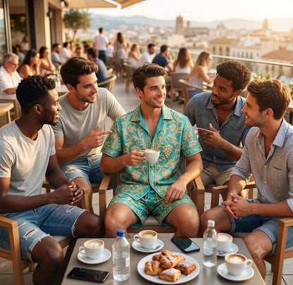 Men's luxury architectural style printed two-piece set, short sleeved shirt and shorts, for daily wear and exotic luxury style